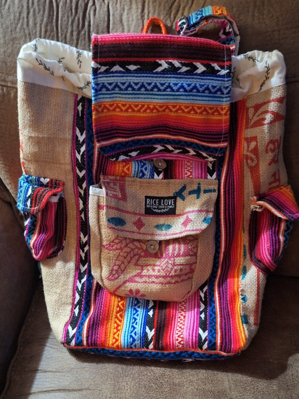 Rice Love Backpack Drawstring Handcrafted Boho Backpack Upcycled Made in India